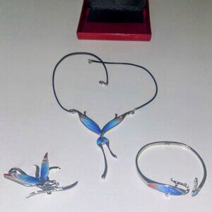 Franz Porcelain Butterfly Silver Necklace Bracelet Pin Vintage Jewelry & Box Set